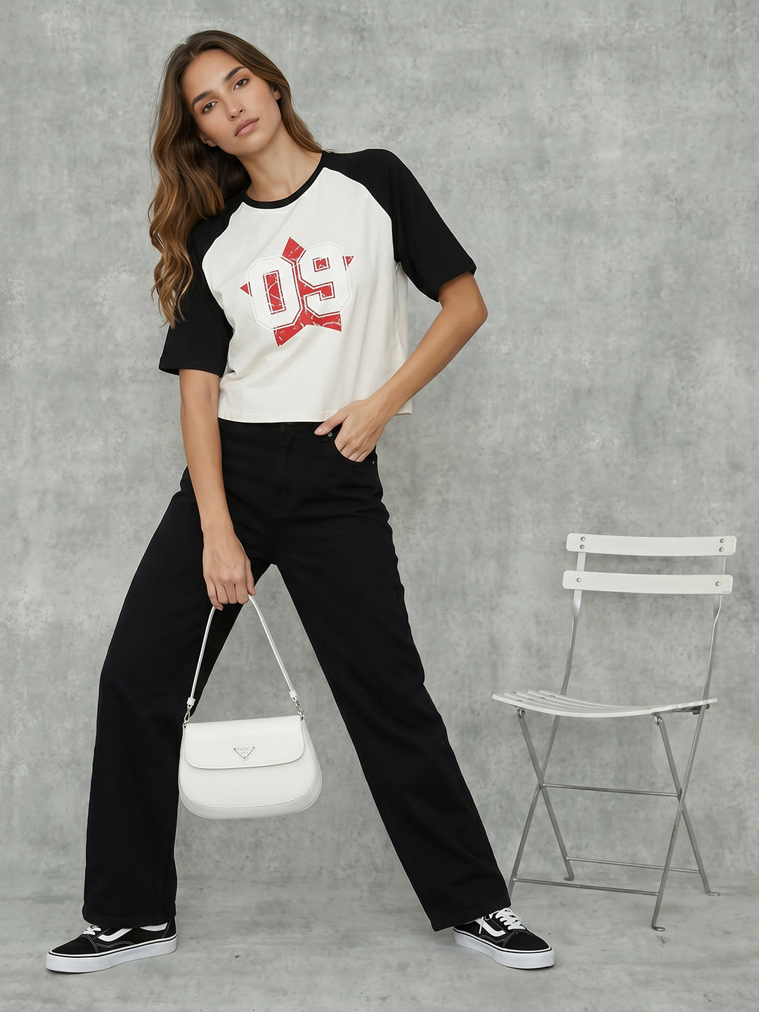 Women Ivory/Black Crop Graphic Tees