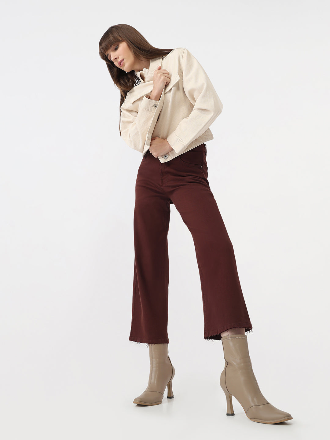 Women Sepia High-Rise Crop Wide Leg Jeans