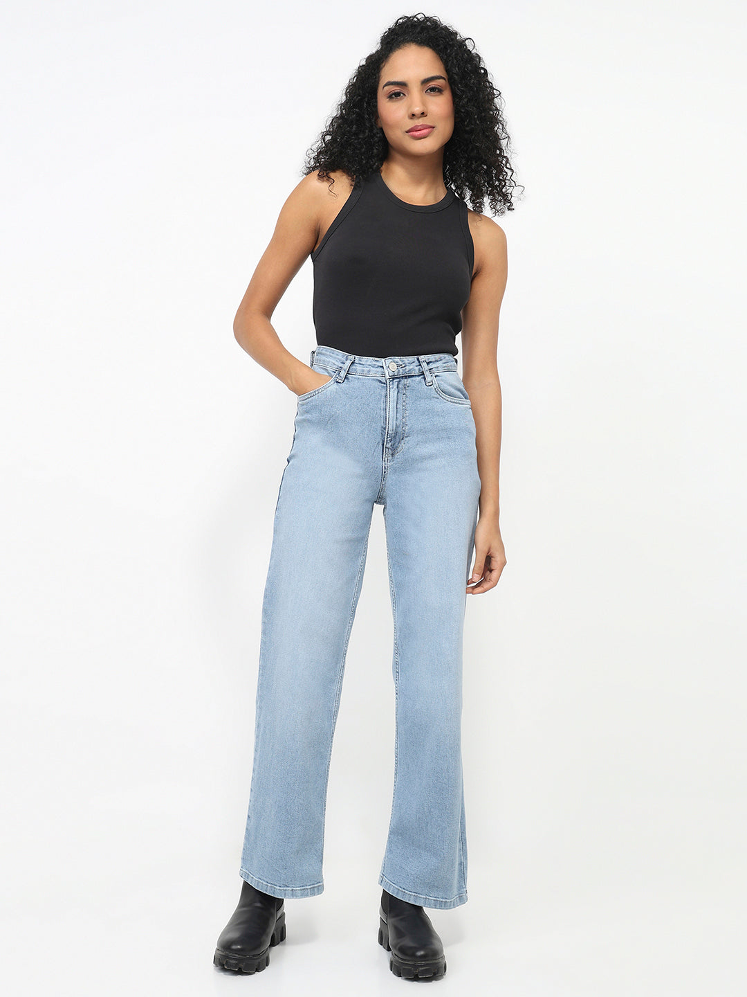 Women Light Blue High-Rise Wide Leg Jeans