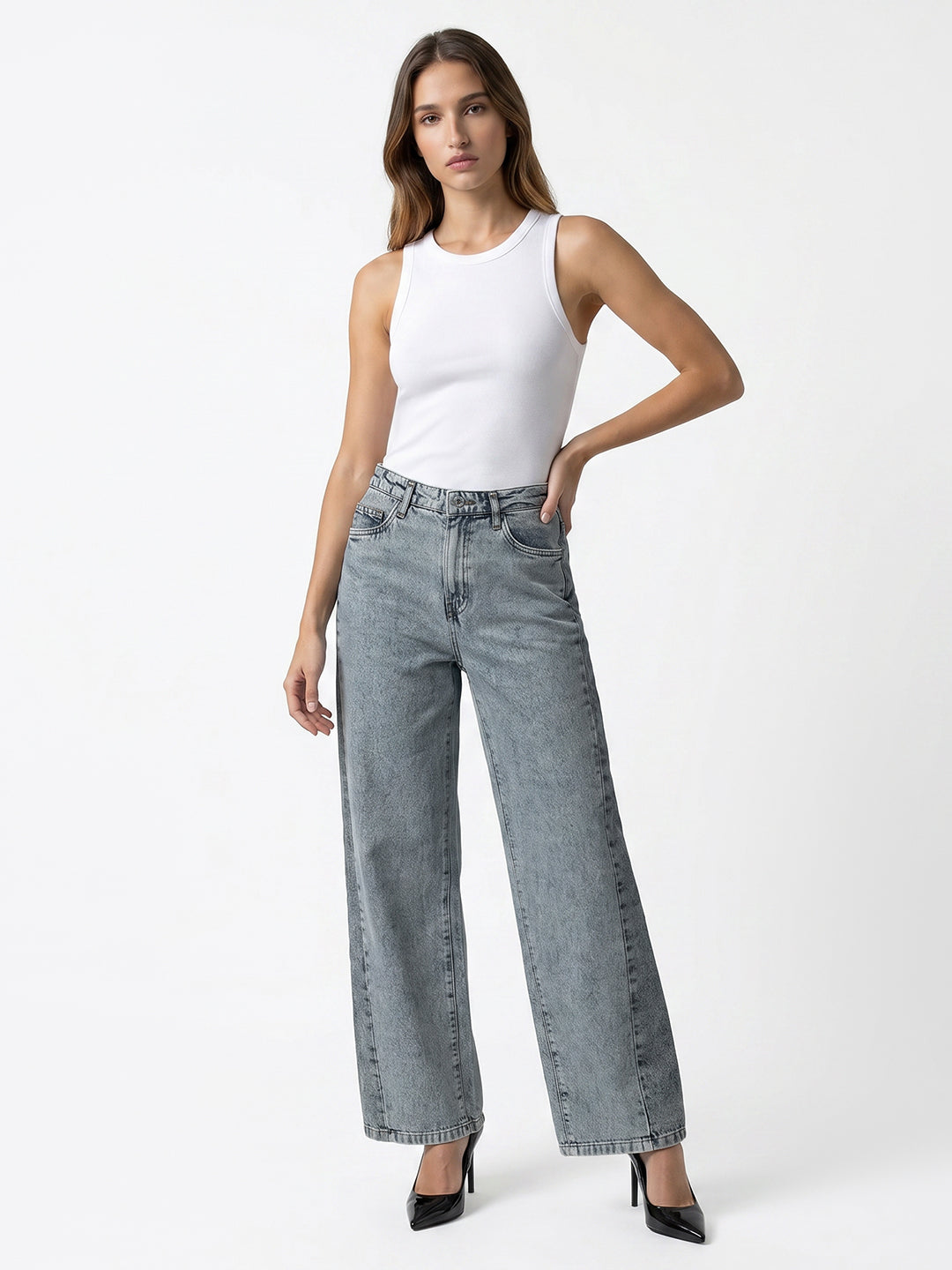 Women Light Blue High-Rise Wide Leg Jeans