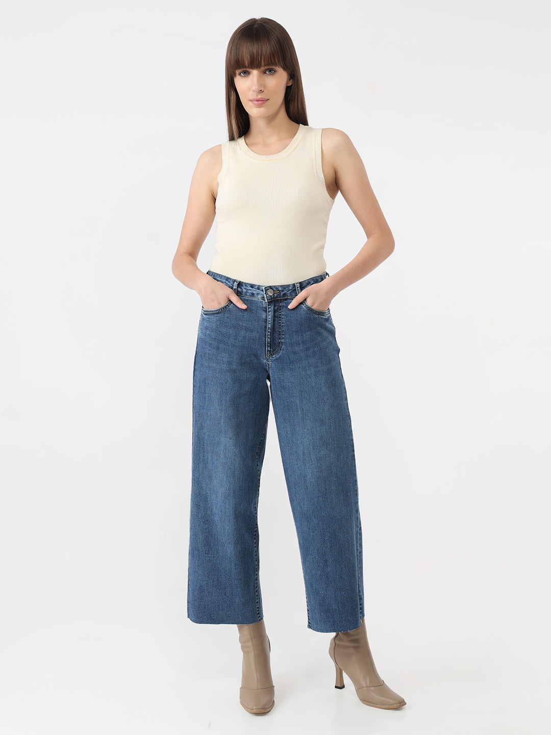 Women Blue High-Rise Crop Wide Leg Jeans