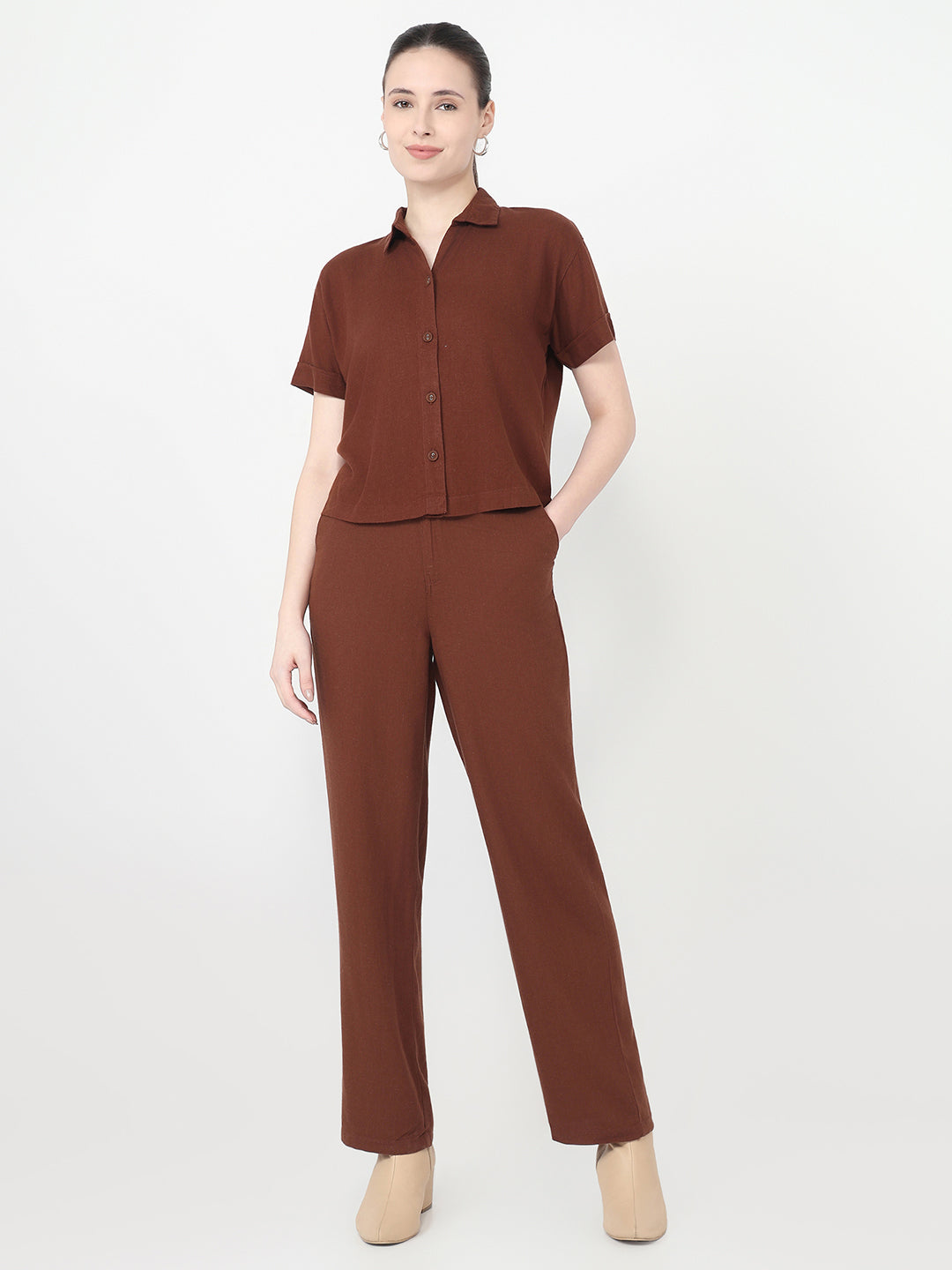 Women Sepia High-Rise Straight Fit Korean Pants
