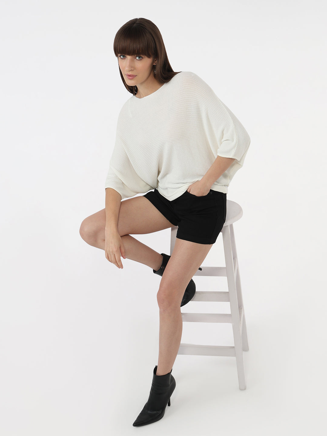 Women Off White Slim Batsleeve T-Shirt