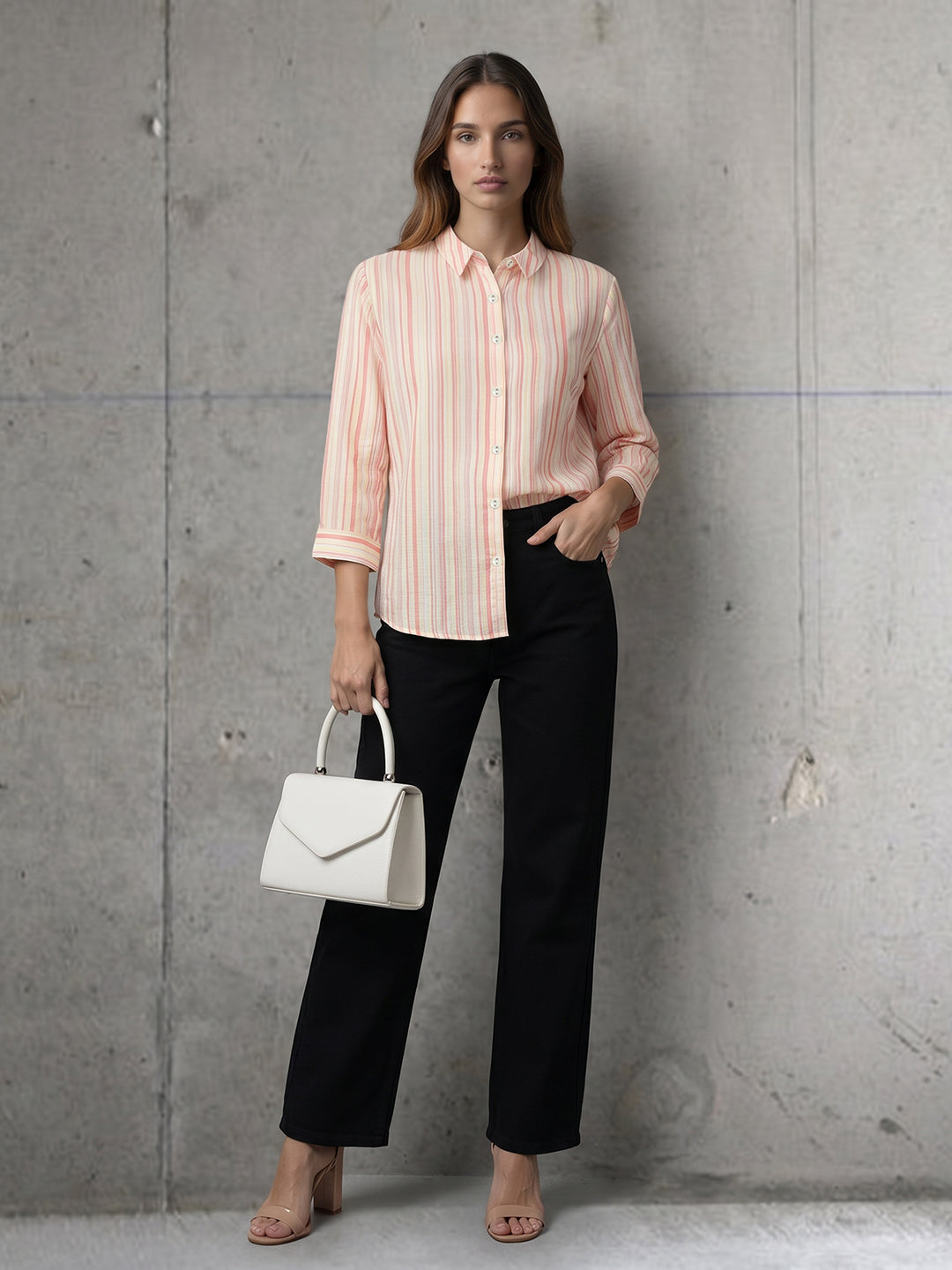 Women Peach/Yellow Striped Shirt