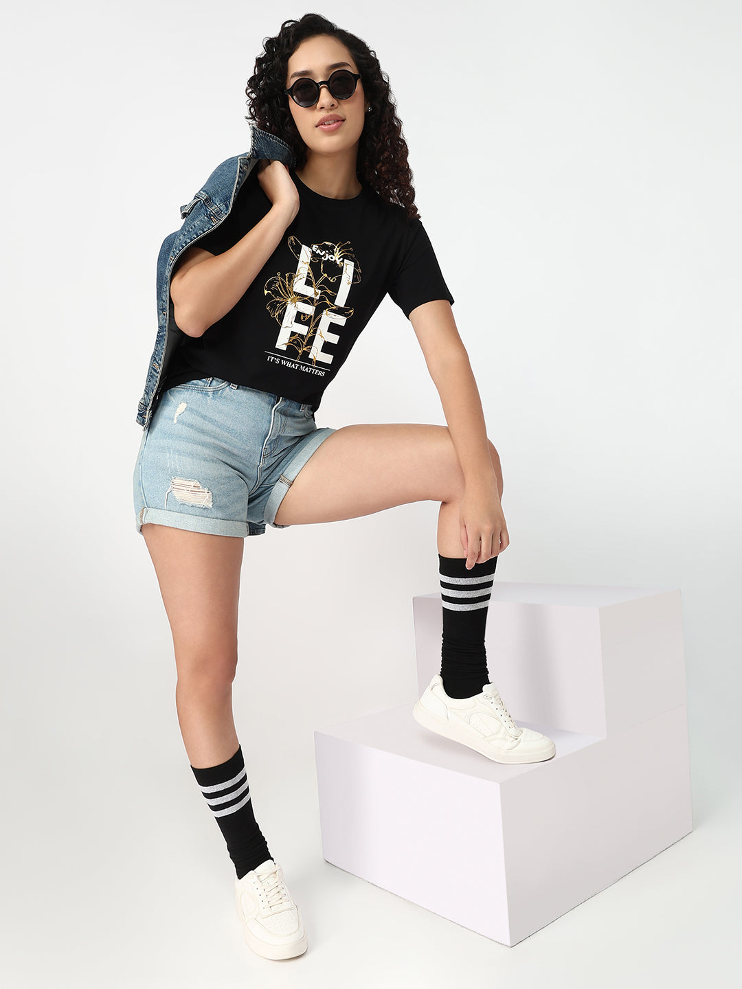 Women Black Slim Fit Graphic T-Shirt