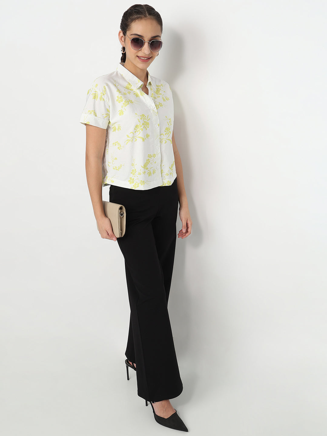 Women White/Lime Crop Shirt