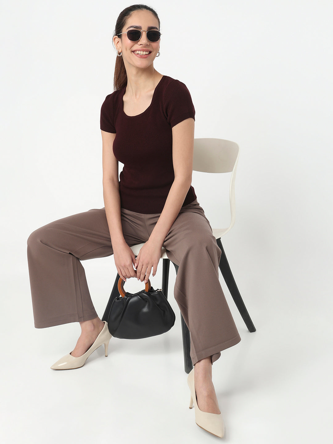 Women Wine Slim Flat Knit