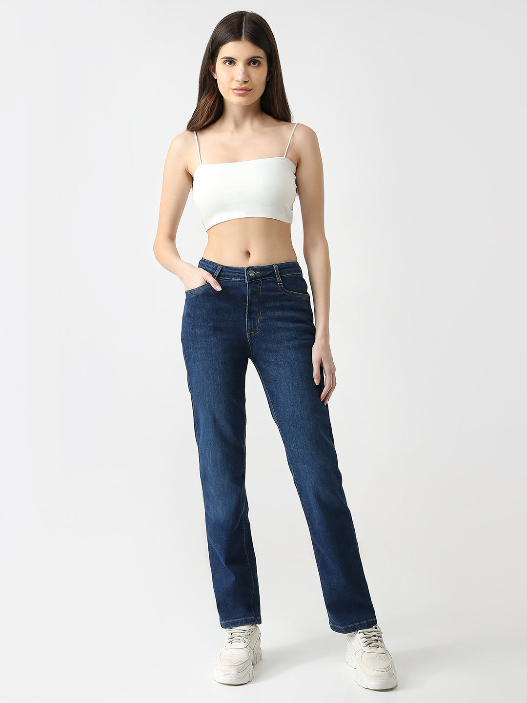 Women Blue High-Rise Slim Straight Jeans