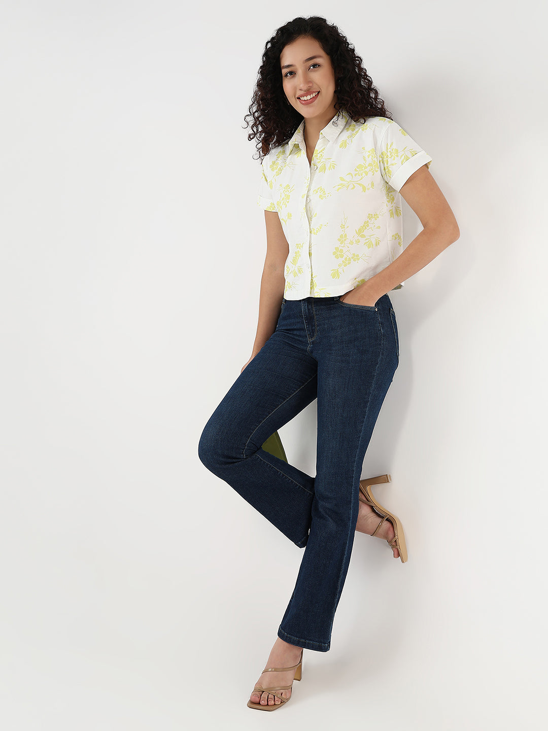 Women Lime/White Slim Crop Shirt