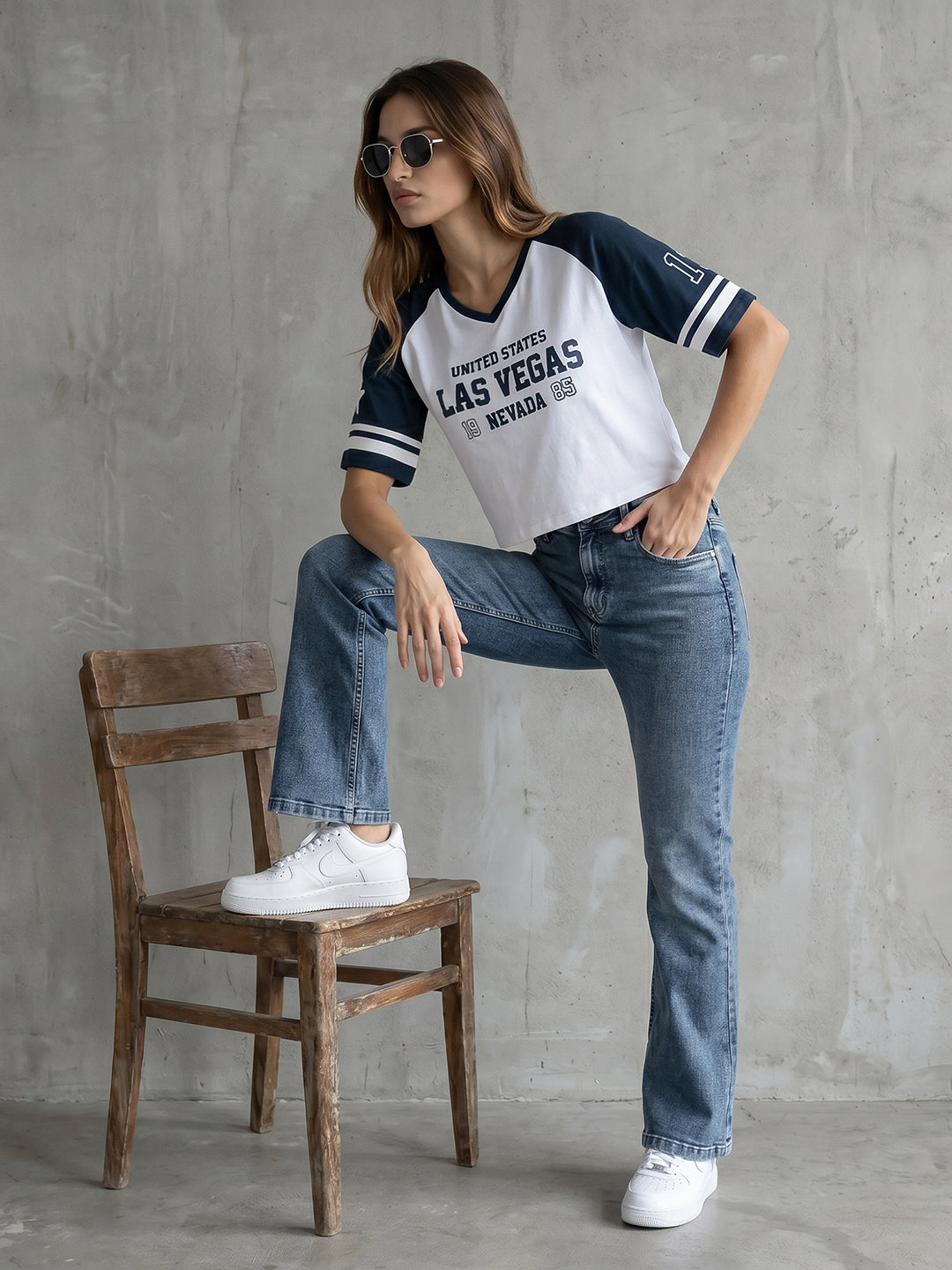 Women White/Airforce Graphic Crop Tees
