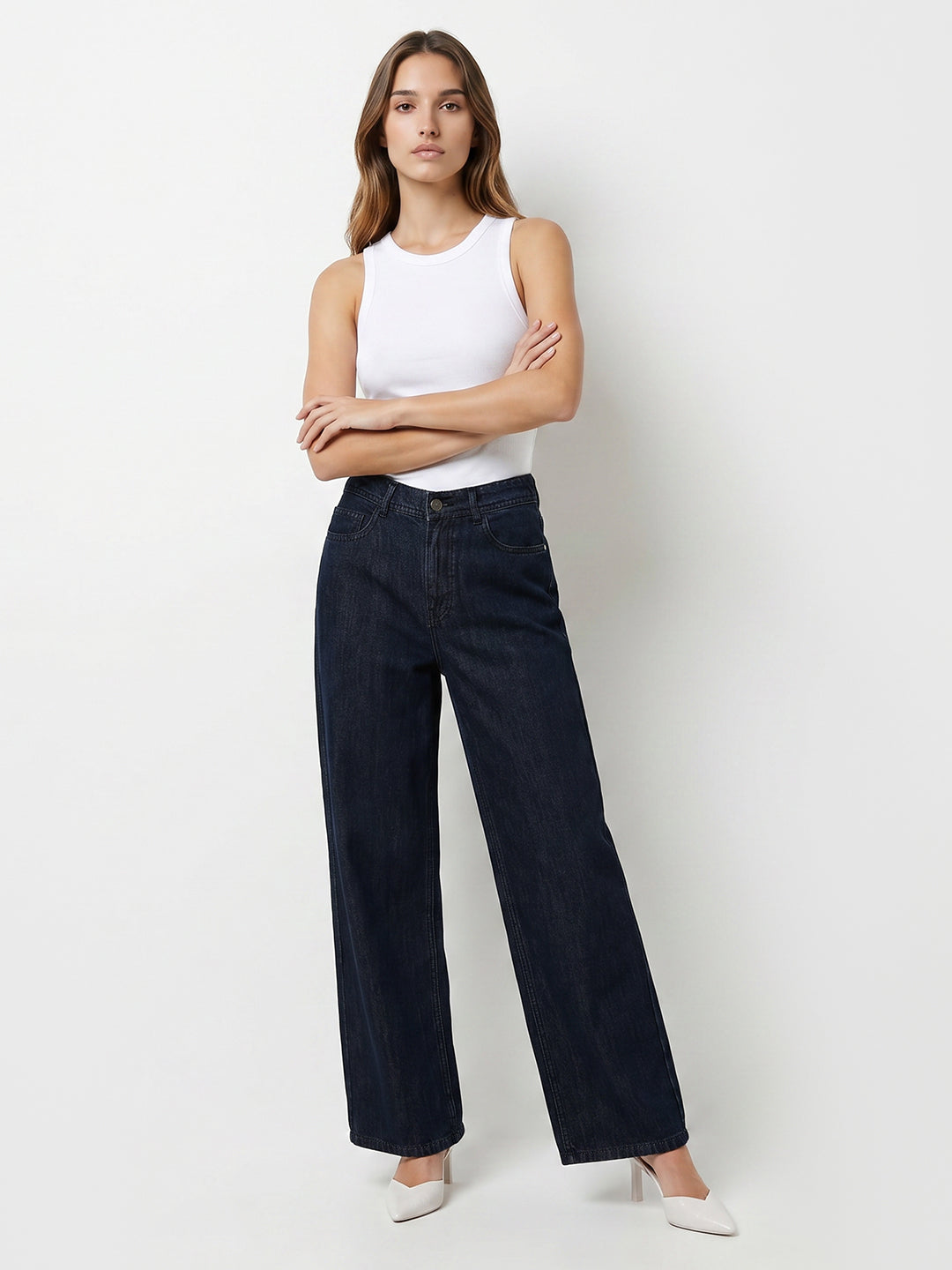 Women Dark Blue High-Rise Wide Leg Jeans