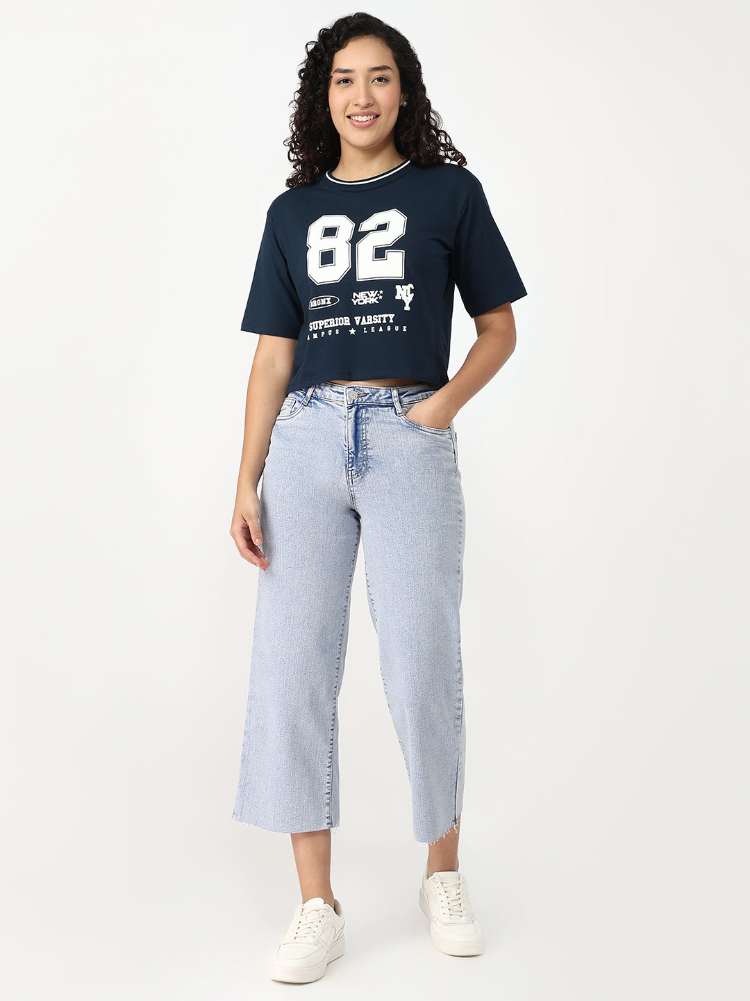 Women Light Blue Crop Wide Leg Jeans