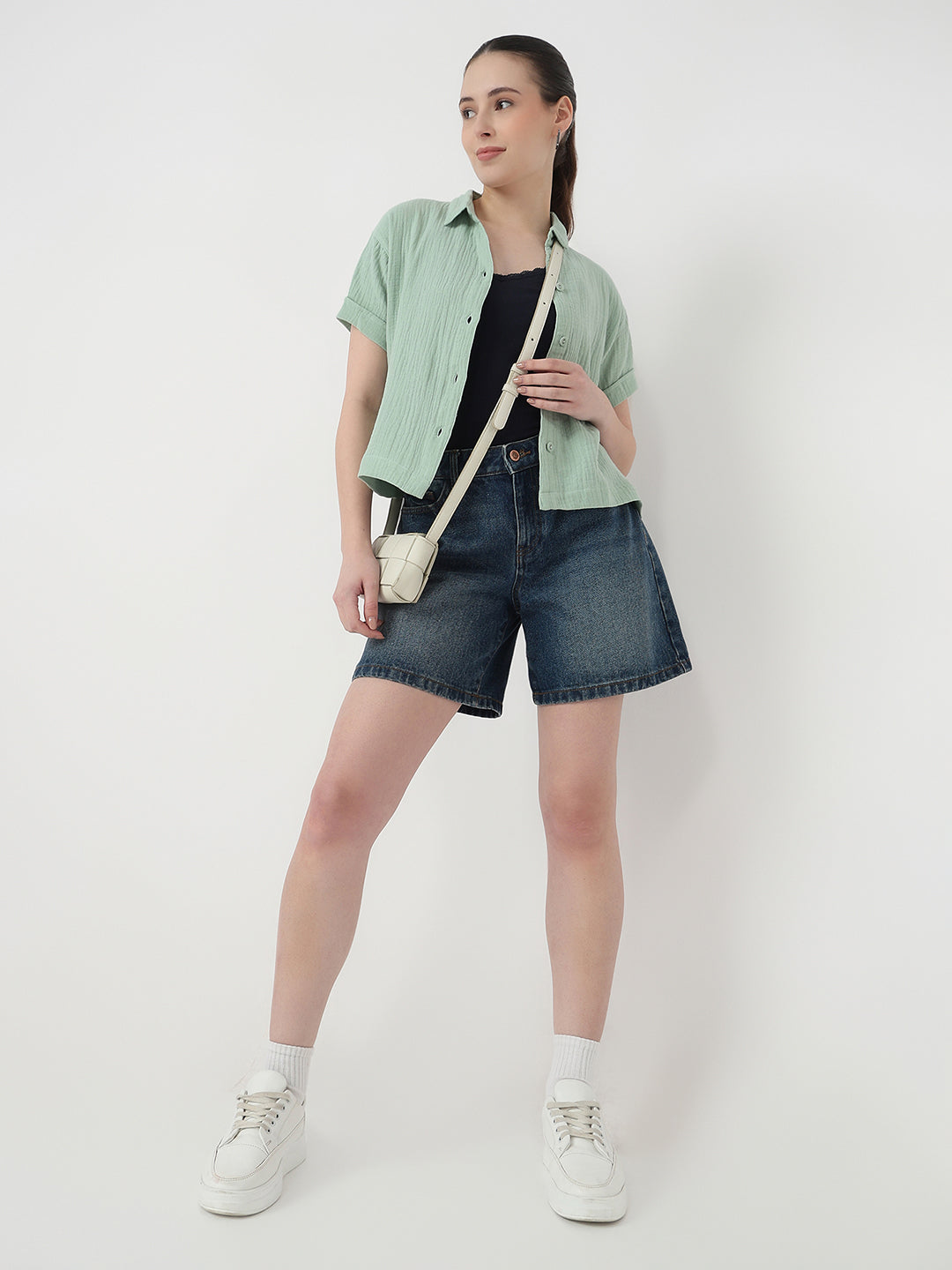 Women Mint Slim Fit Crop Shirt