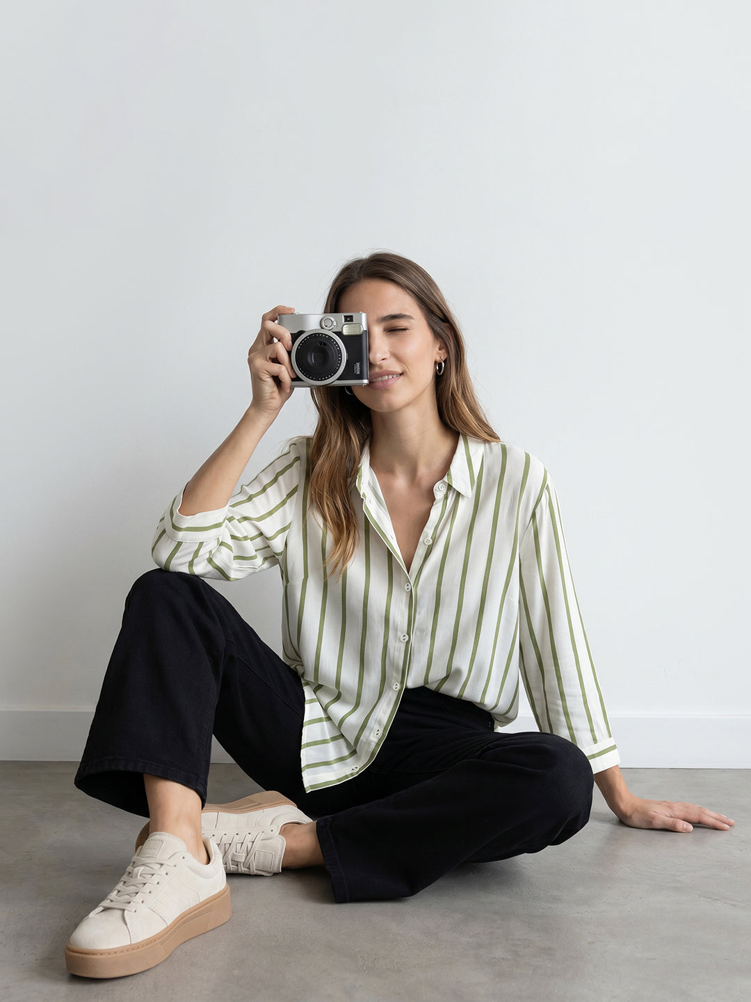 Women White/Olive Striped Shirt