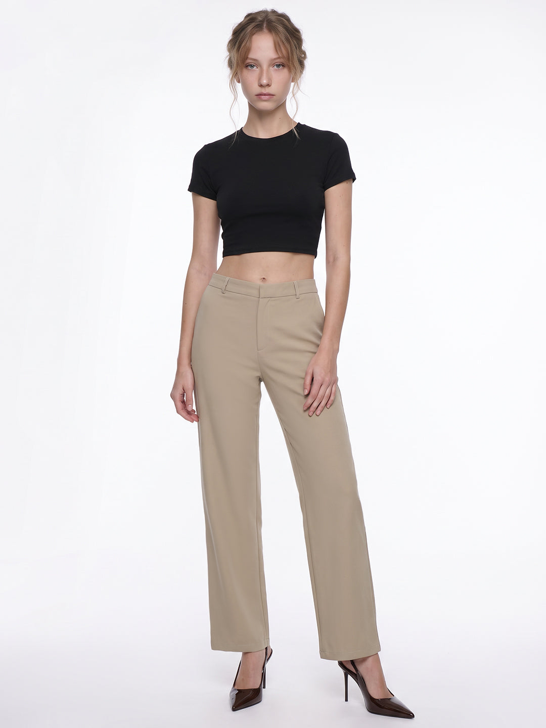 Beige High-Rise Straight Fit Korean Pants
