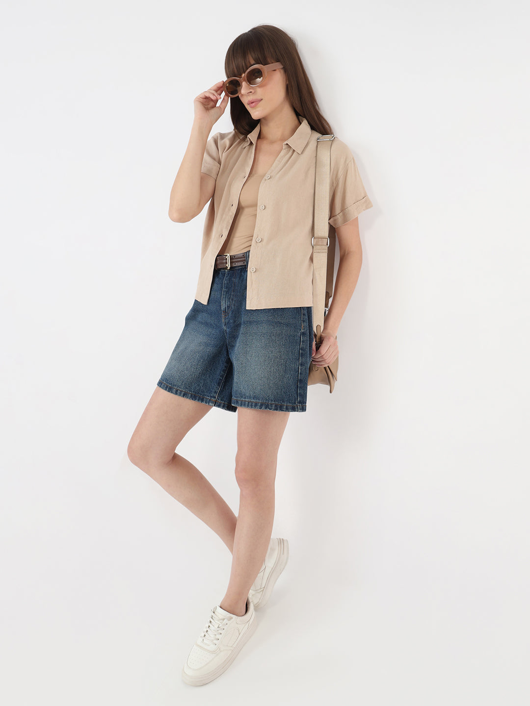 Women Oatmilk Slim Fit Crop Shirt