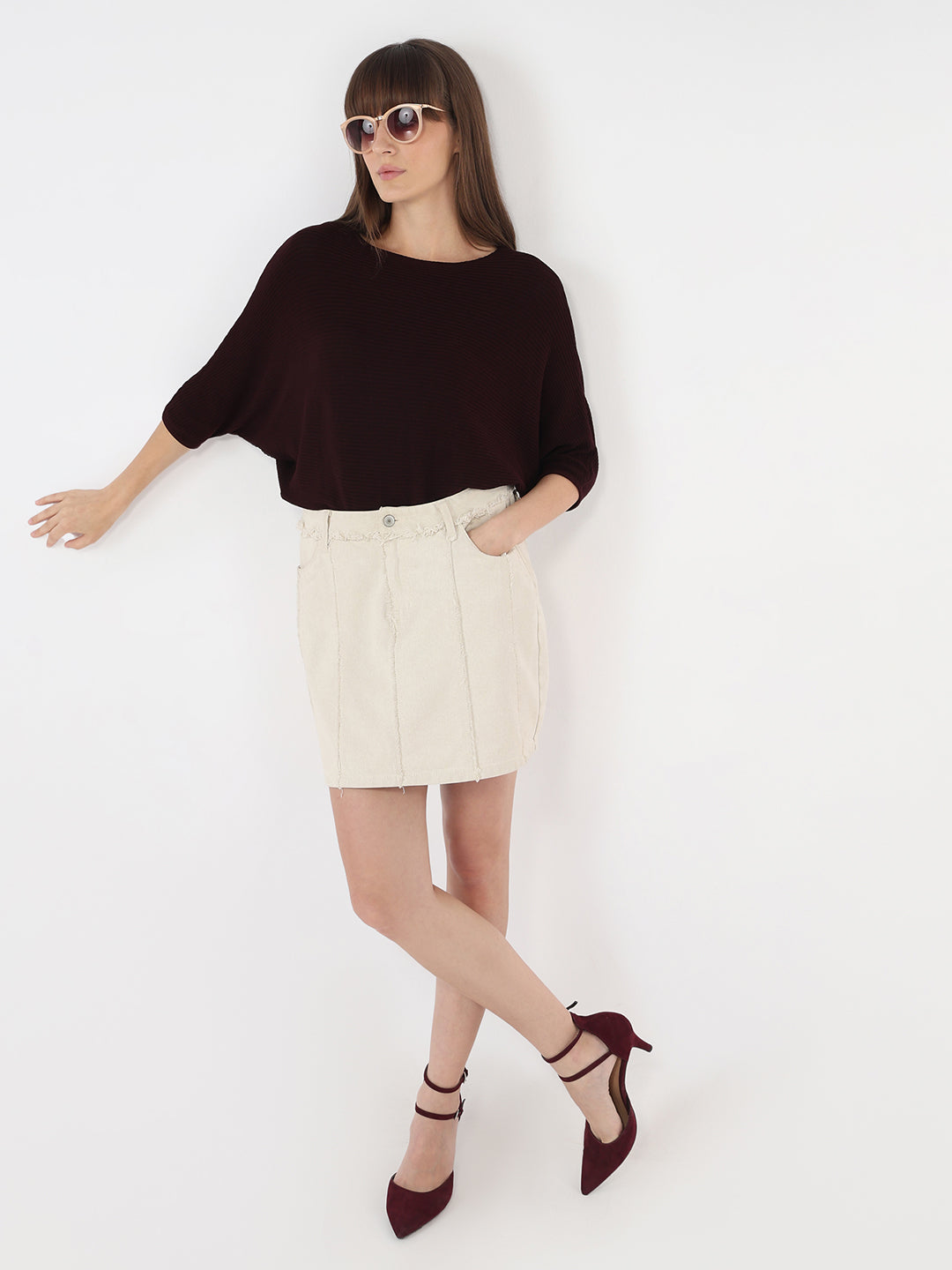 Women Wine Slim Batsleeve Top