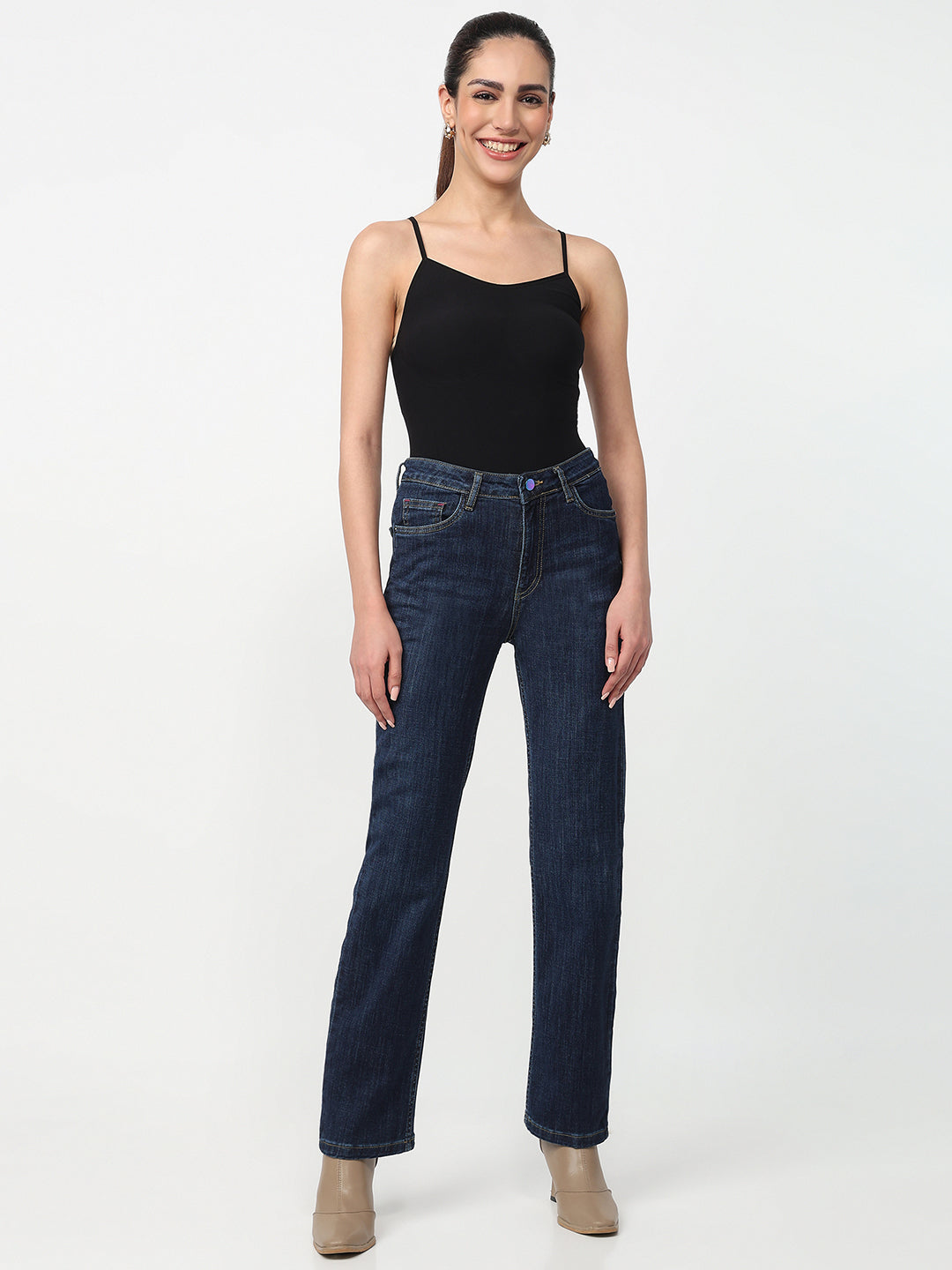 Women Dark Blue High-Rise Slim Straight Fit Jeans