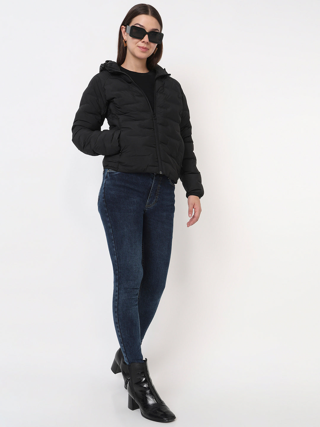 Women Black Slim Fit Winter Jacket