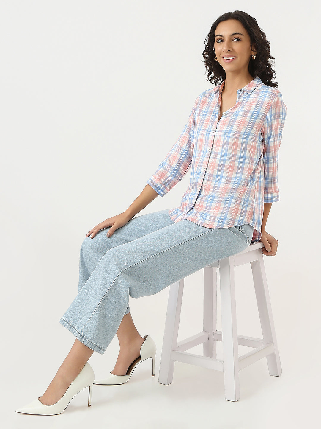 Women Peach/Blue Checks Shirt