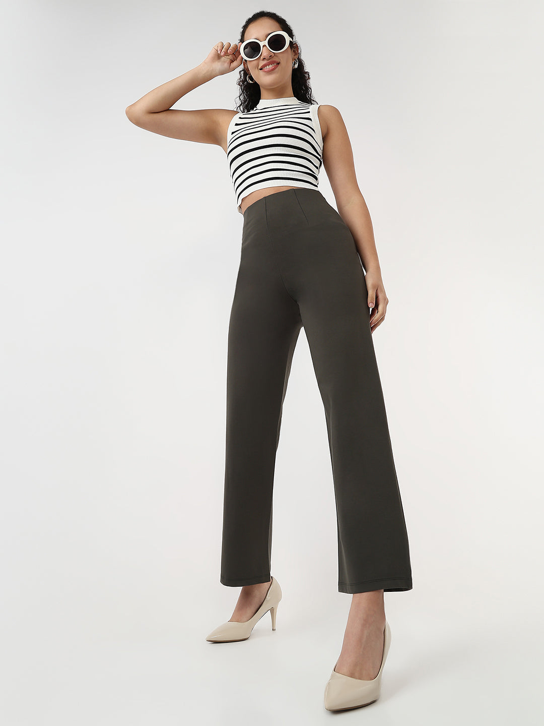 Women Smokey Olive Wide Leg Treggings