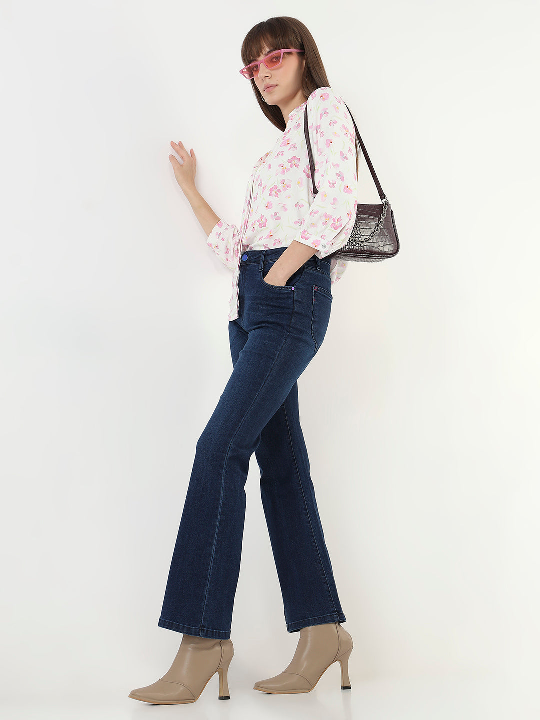Women Dark Blue Mini Flare Jeans