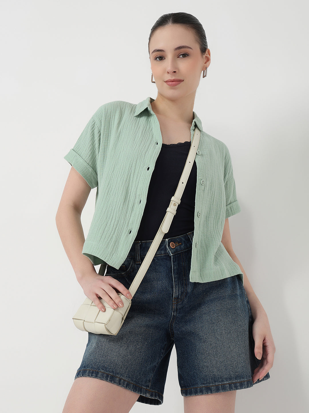Women Mint Slim Fit Crop Shirt