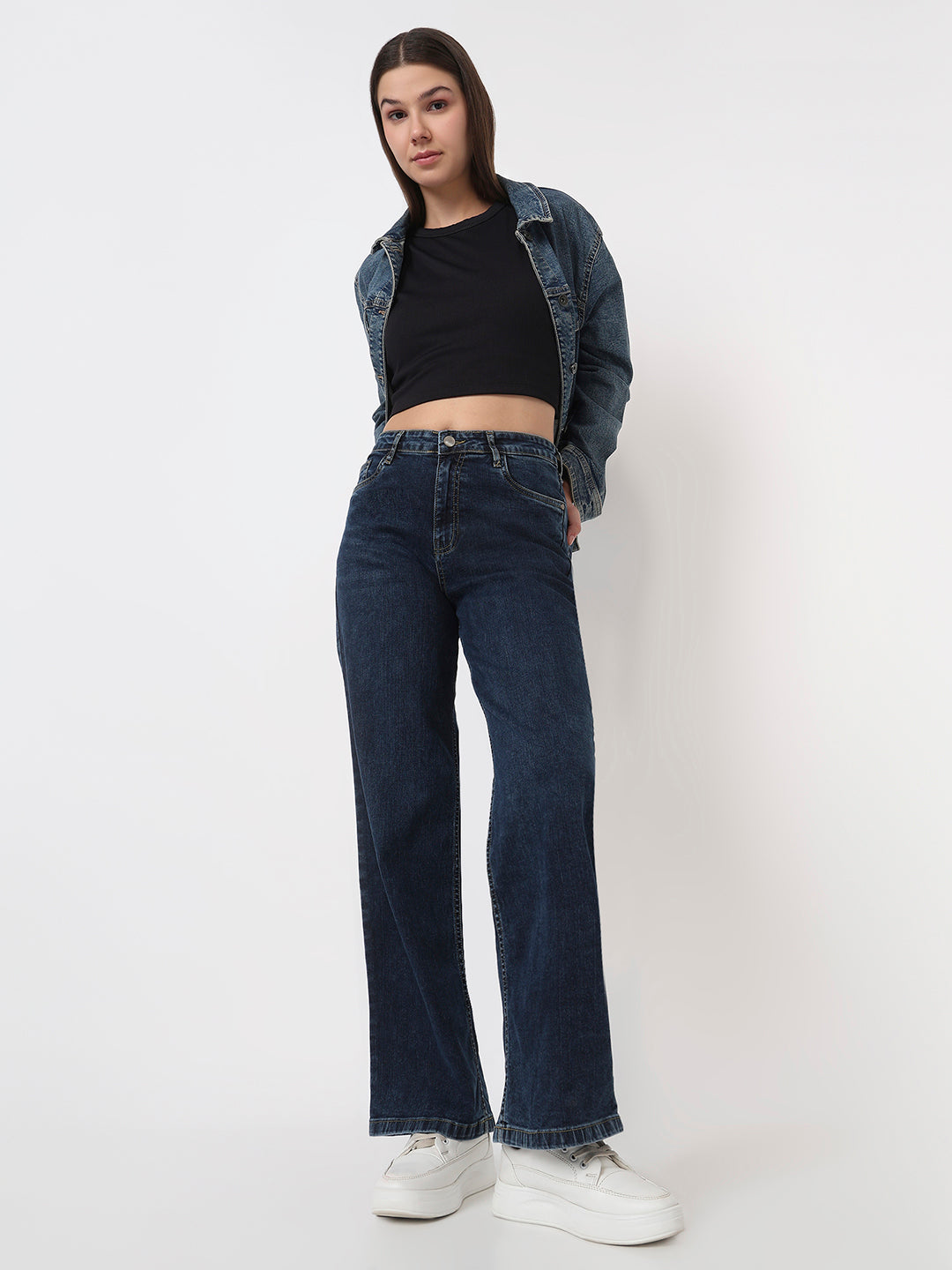 Women Dark Blue High-Rise Wide Leg Jeans