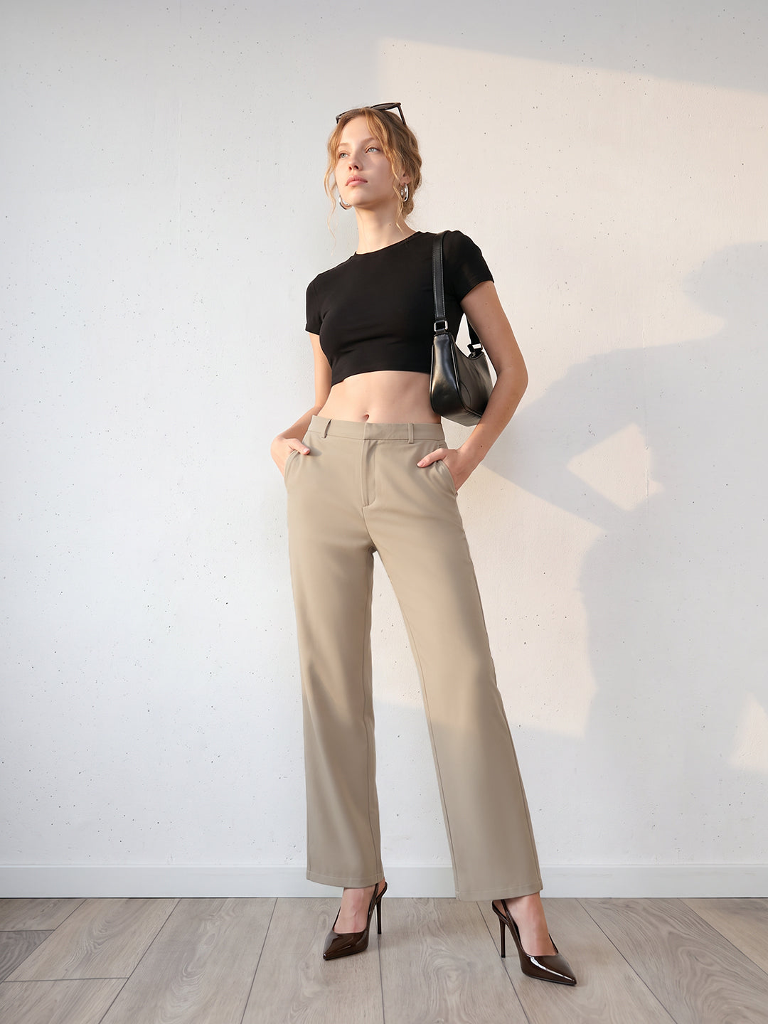 Beige High-Rise Straight Fit Korean Pants