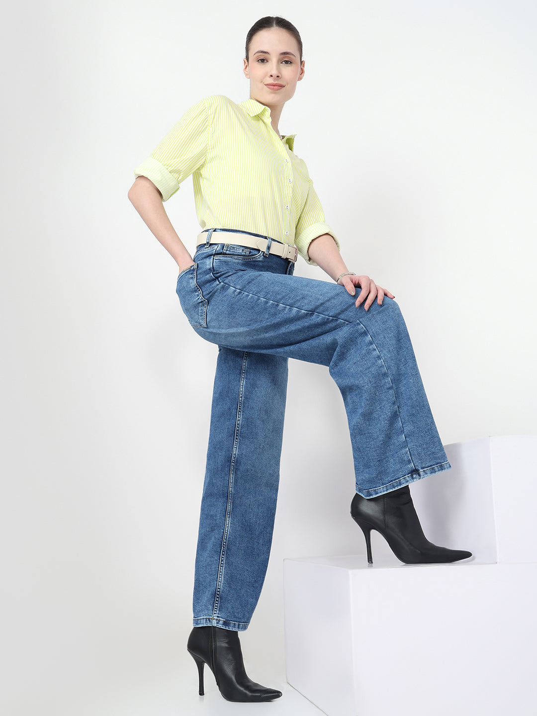 Women Light Blue High-Rise Wide Leg Jeans
