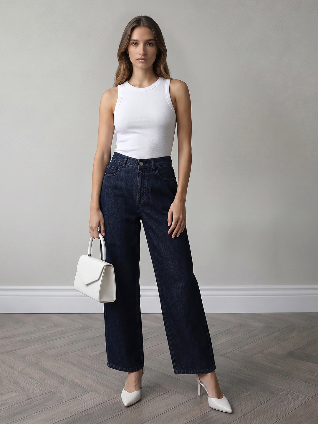 Women Dark Blue High-Rise Wide Leg Jeans