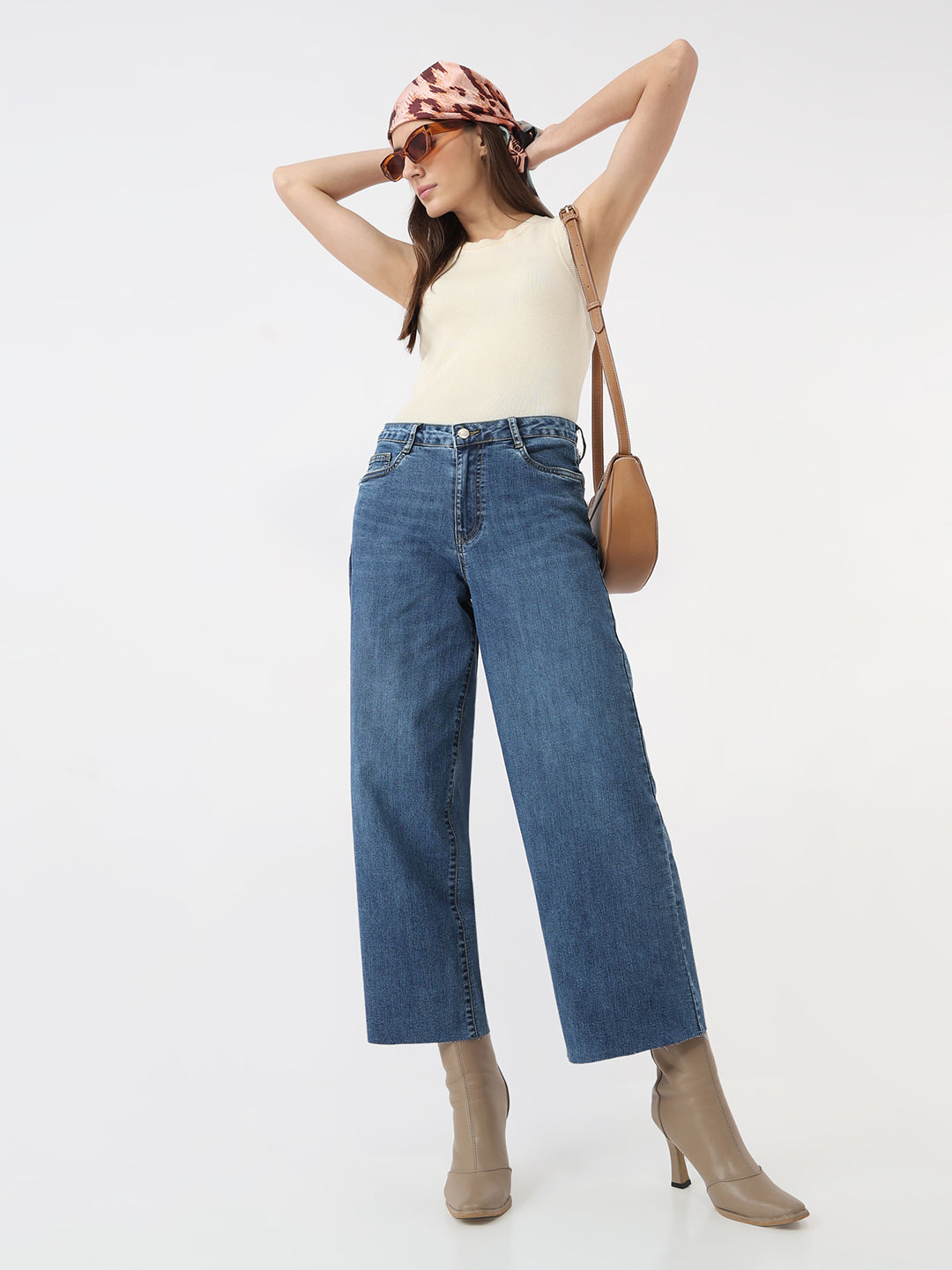 Women Blue High-Rise Crop Wide Leg Jeans