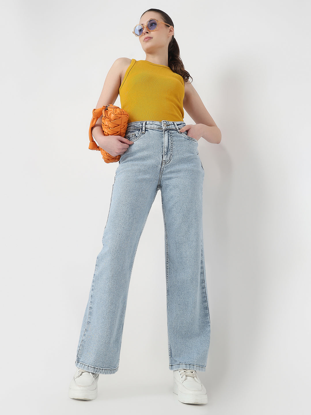 Women Light Blue High-Rise Wide Leg Jeans