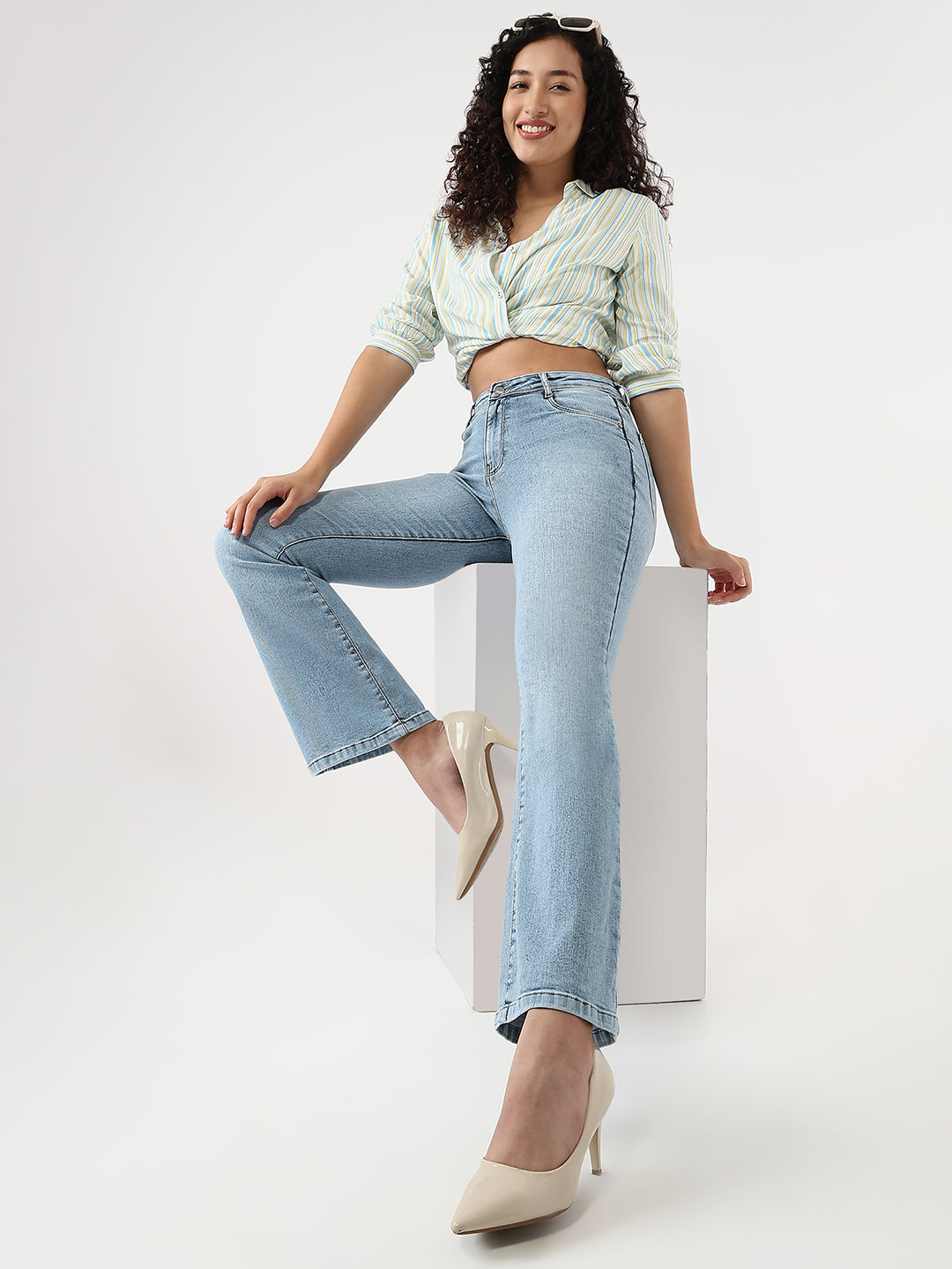 Women Light Blue High-Rise Flare Jeans