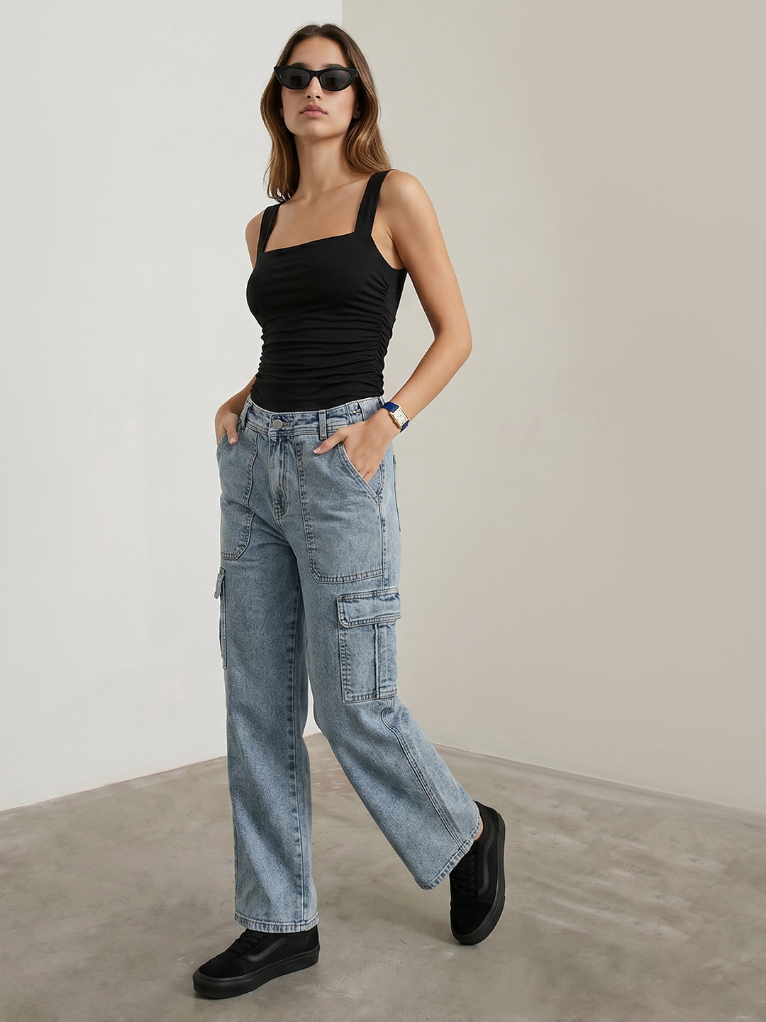 Women Light Blue Mid-Rise Cargo
