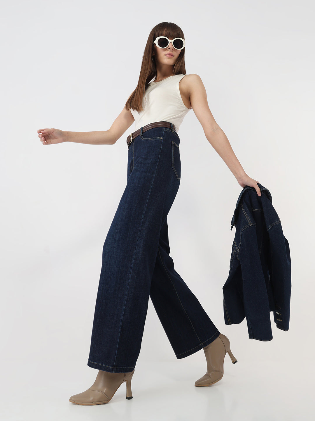 Women Dark Blue High-Rise Wide Leg Jeans