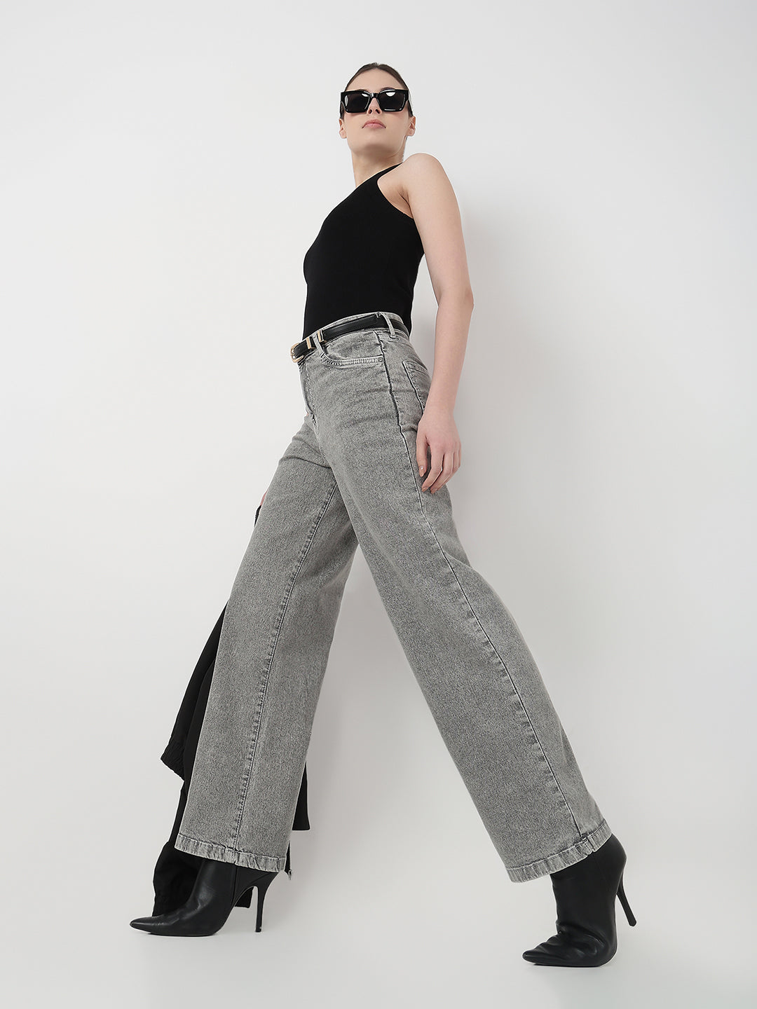 Women Light Grey High-Rise Wide Leg Jeans