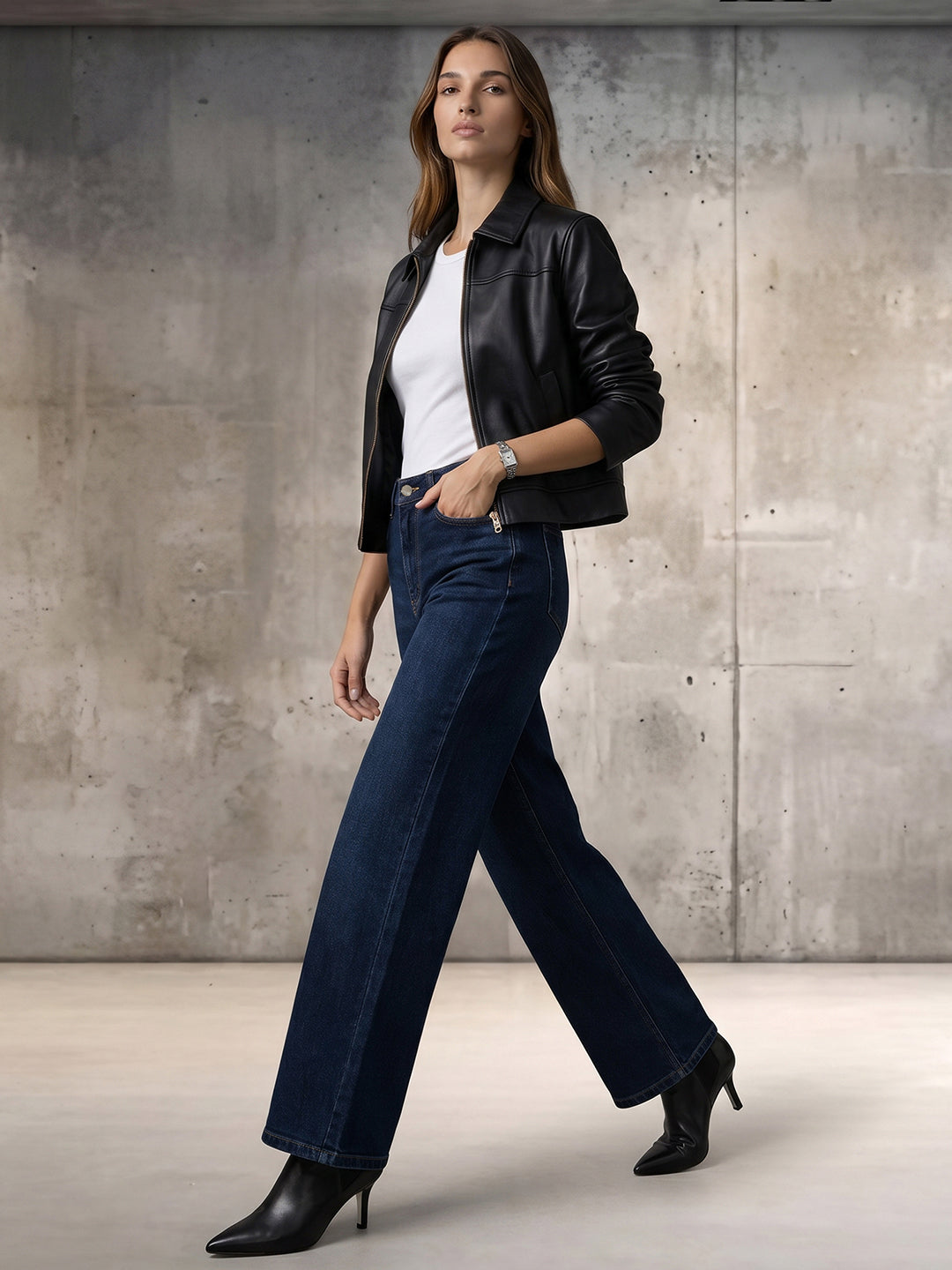 Women Dark Blue High-Rise Crop Wide Leg Jeans