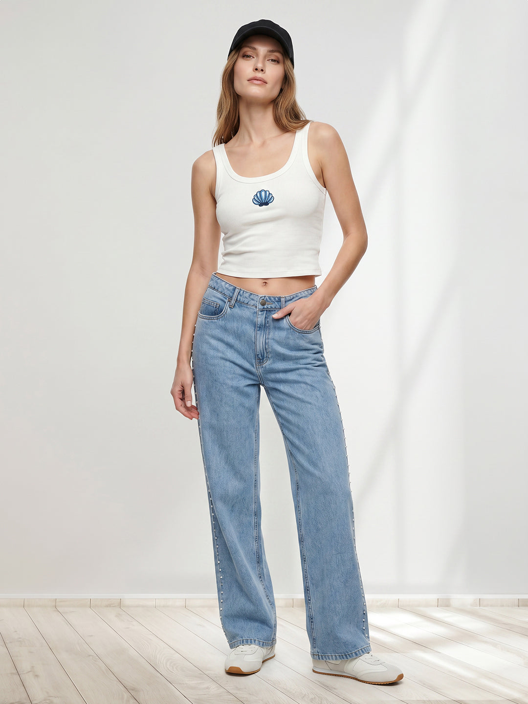 Women Blue Studded Pearl Wide Leg Jeans