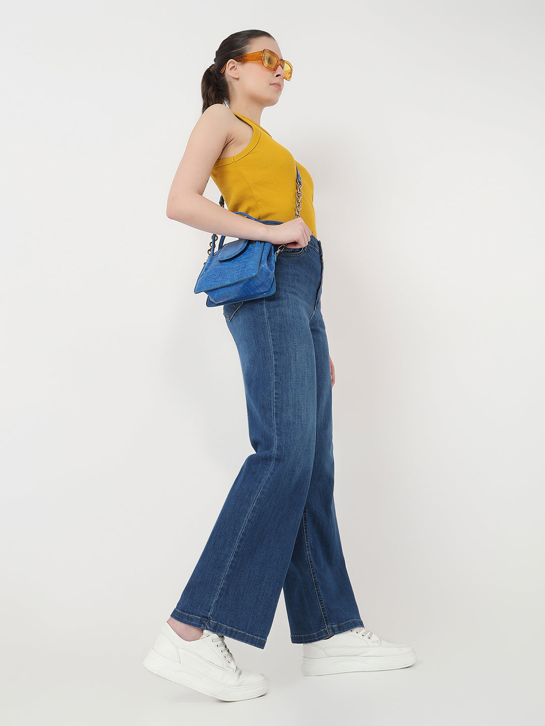 Women Dark Blue High-Rise Wide Leg Jeans