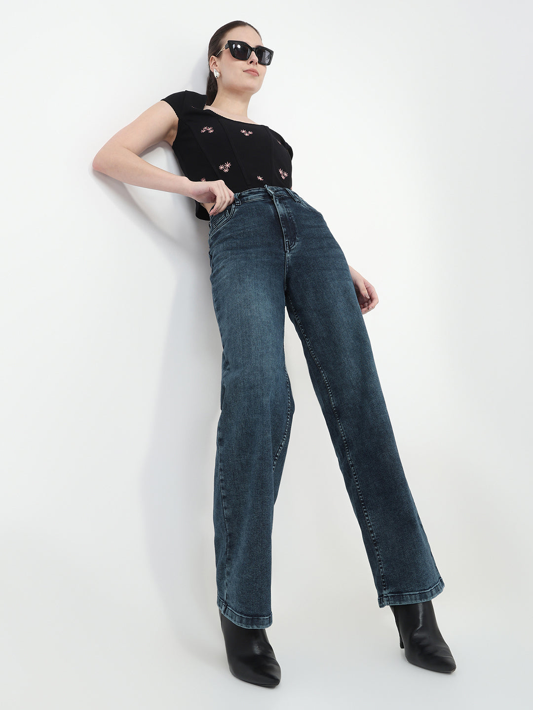 Women Slate Blue High-Rise Wide Leg Jeans