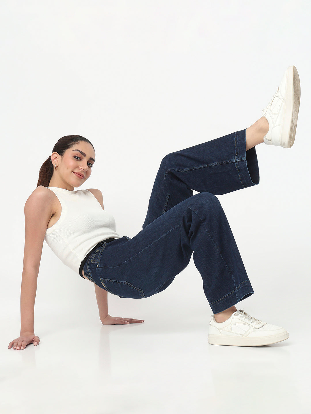 Women Dark Blue High-Rise Wide Leg Jeans