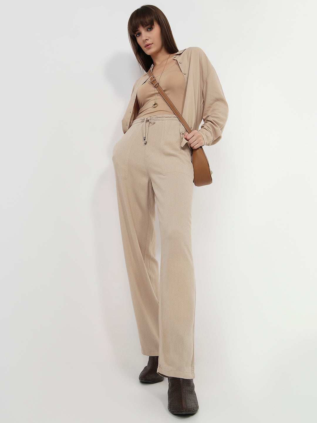 Women Oatmilk High-Rise Paper Bag Pants