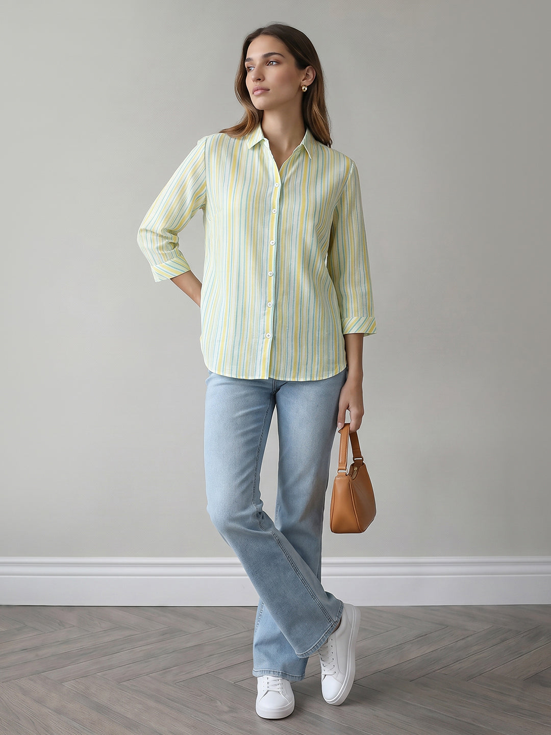 Women Yello Mint Striped Shirt