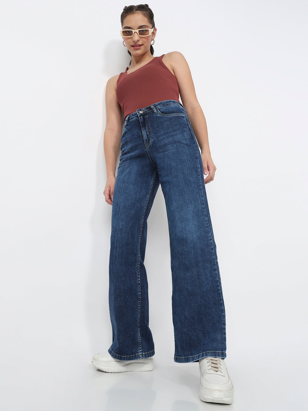 Women Blue High-Rise Super Wide Leg Jeans