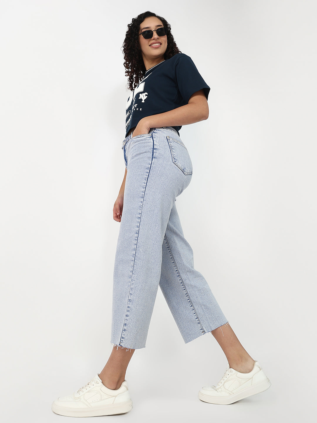 Women Light Blue Crop Wide Leg Jeans