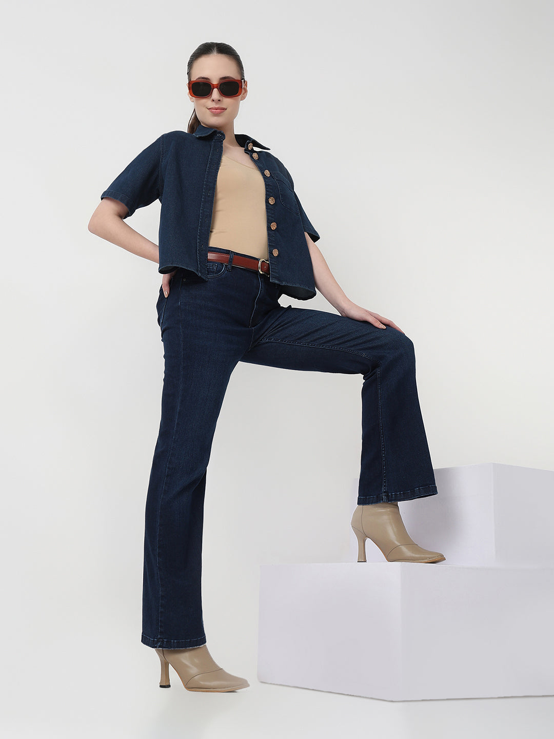 Women Dark Blue High-Rise Flare Jeans