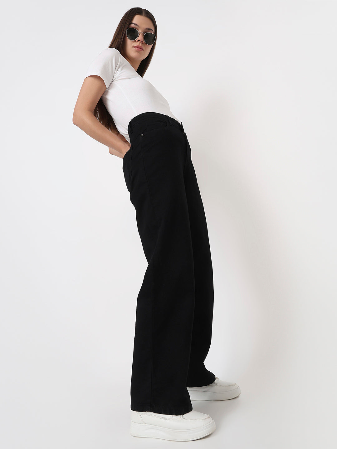 Women Black High-Rise Wide Leg Jeans