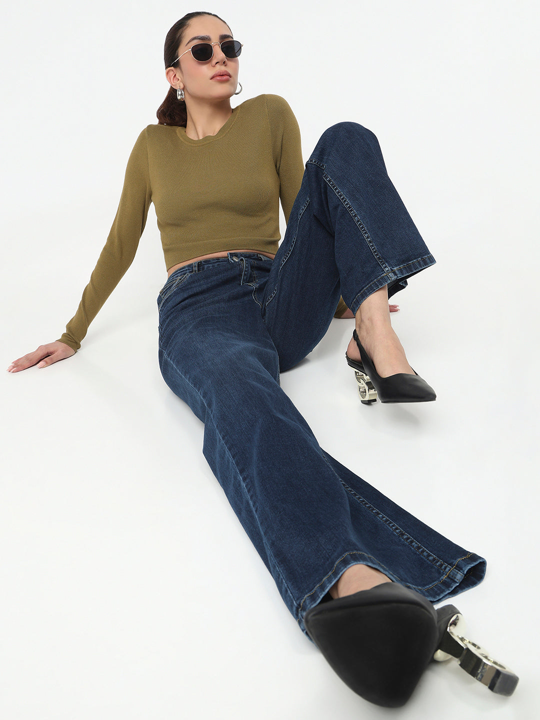 Women Dark Blue High-Rise Super Wide Leg Jeans