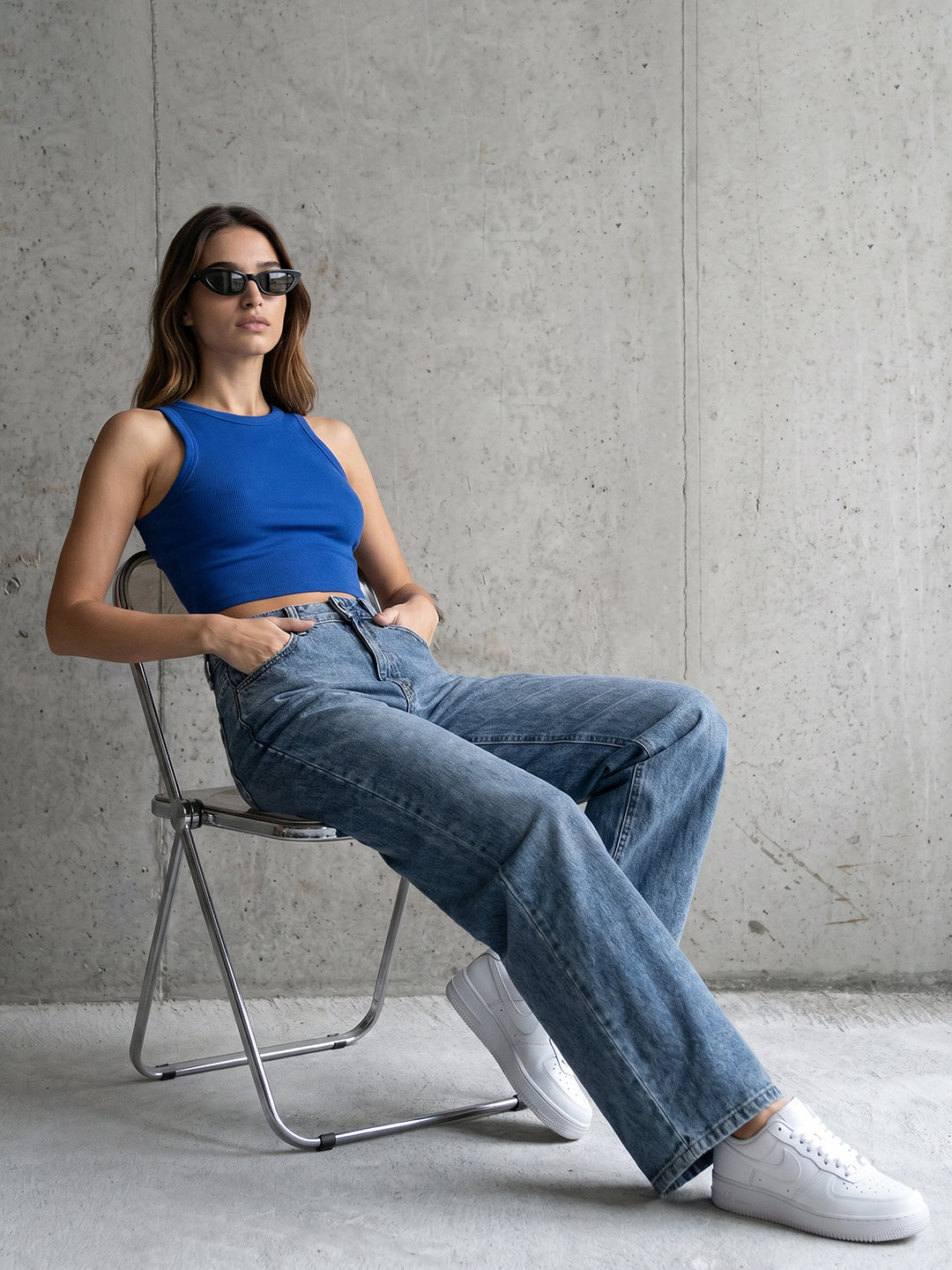 Women Blue Ribcage Wide Leg Jeans